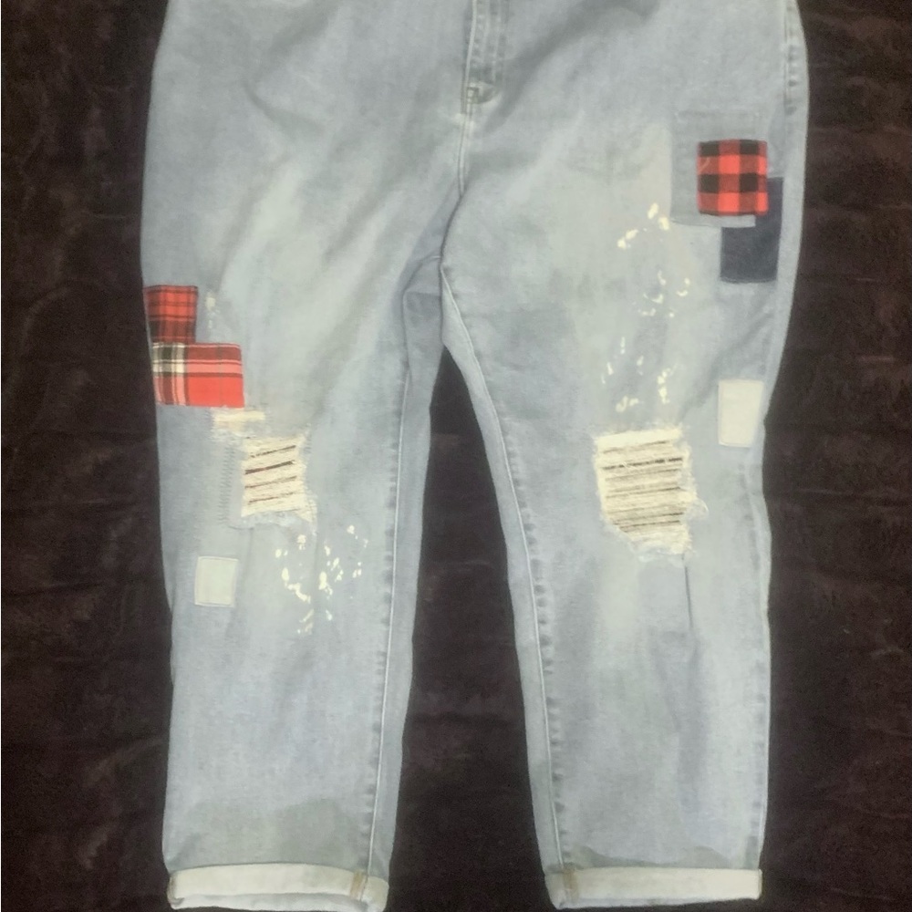 Red plaid patchwork blue jeans
